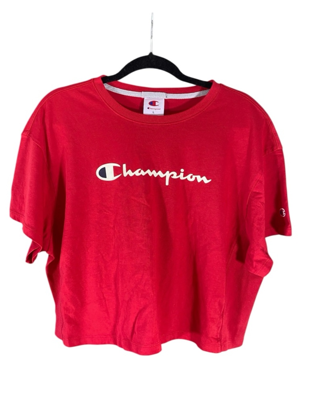 Champion Cropped Tee L Red Logo Graphic Athletic Short Sleeve Shirt